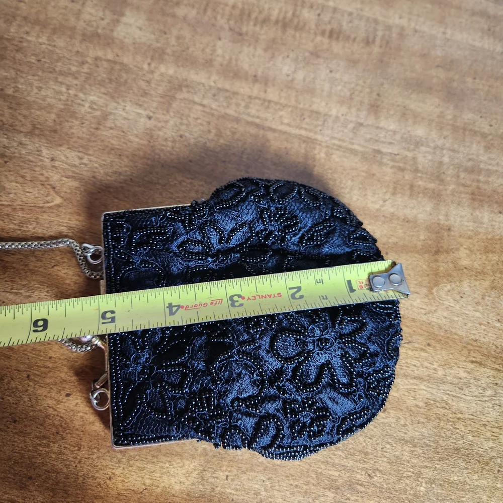 Vintage La Regale Kiss Lock Clam Shell Black Beaded Floral Evening Bag W Chain - Picture 10 of 14